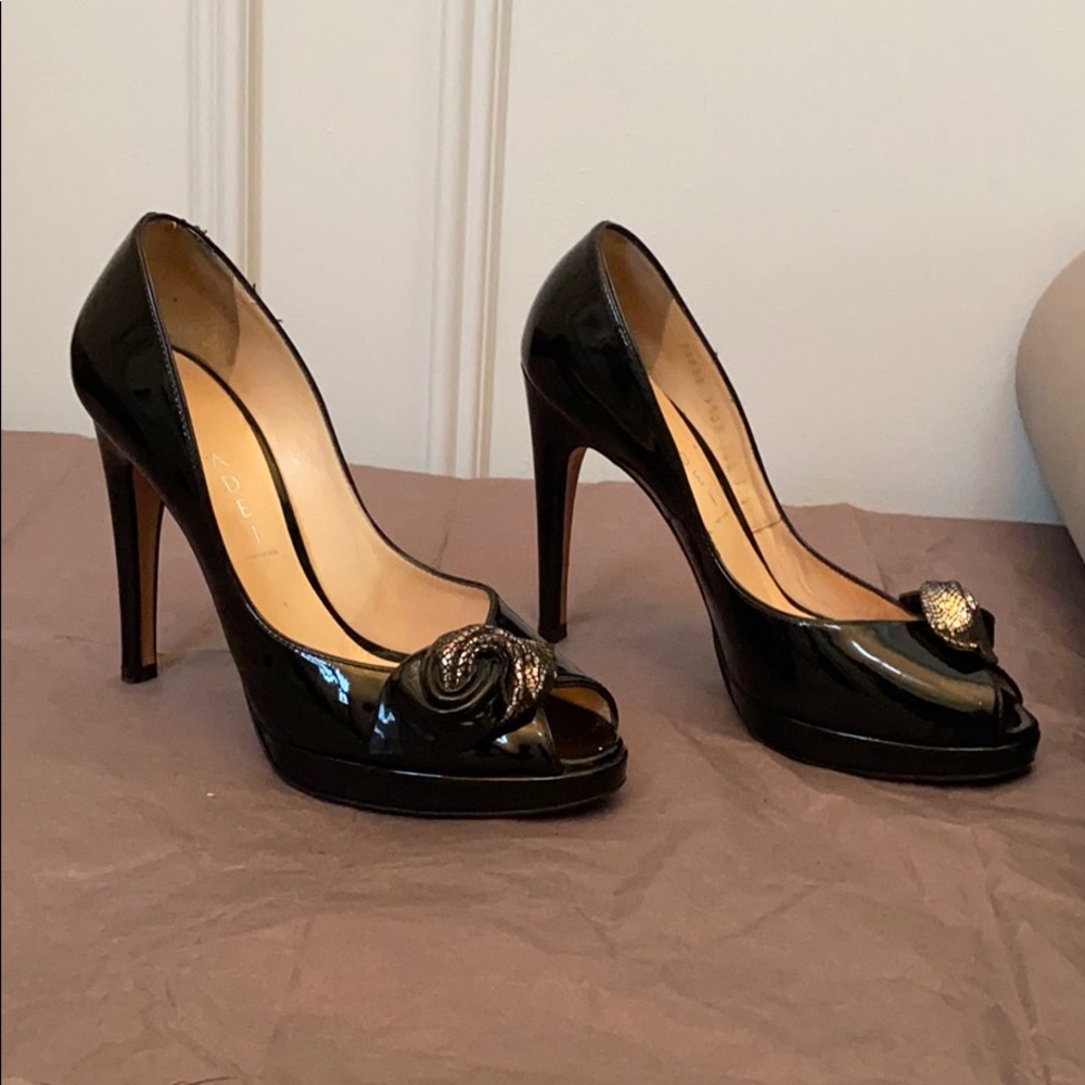 Casadei Patent Peep toe pump